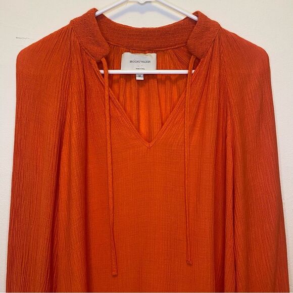 BROCHU WALKER Amaia Tie-Neck Crinkle Blouse in Papaya Orange Sz Medium - Picture 4 of 11